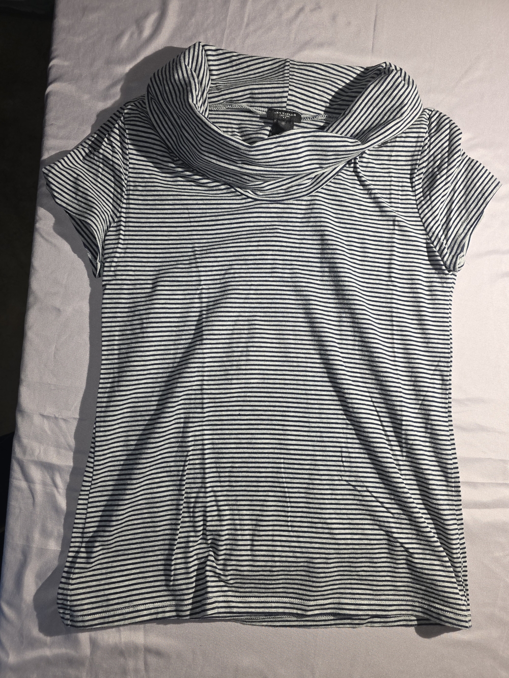 Ann Taylor Black and White Striped Cowl Neck Short Sleeve Top